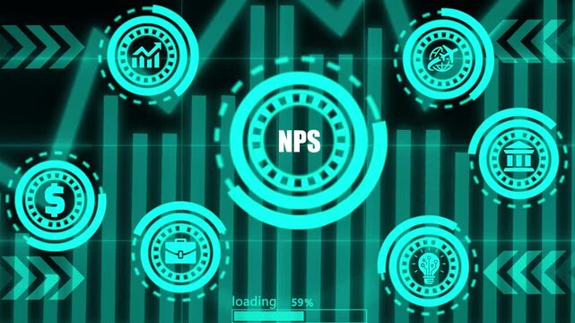 Futuristic glowing hud interface loading bar with financial charts and icons motion.