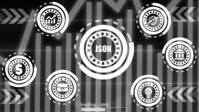 Json programming language on black and white business financial data motion background.