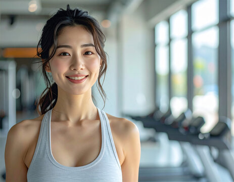 自然光が差し込むジムで笑顔を見せる健康的な女性のフィットネス風景 スポーツウェアでトレーニングするウェルネスライフスタイル