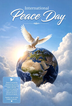 Beautiful international peace day poster with white dove flying over earth and clouds in sky