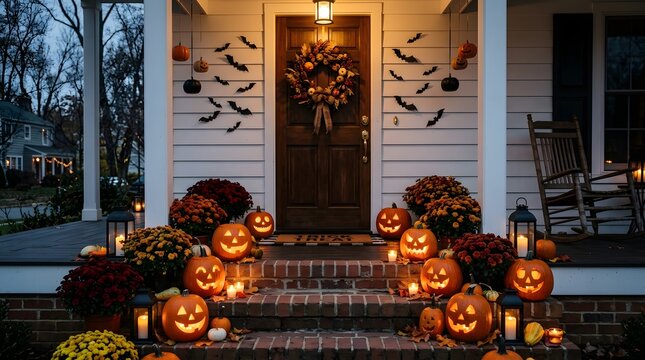 A festive front porch decorated with glowing jack o lanterns and bats to celebrate a happy halloeen season with spooky autumn home decor and lights