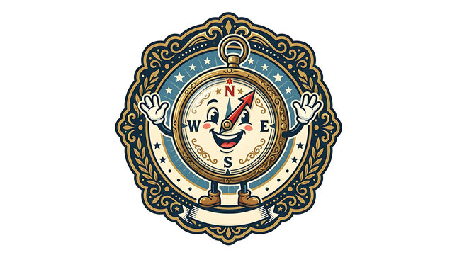 Happy magnetic compass direction mascot retro badge vector design