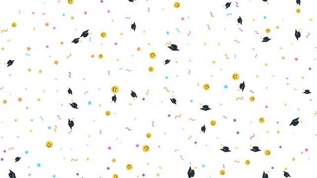 Festive graduation animation background with falling black academic caps, happy yellow smiley faces, and colorful stars and confetti on a clean white surface.