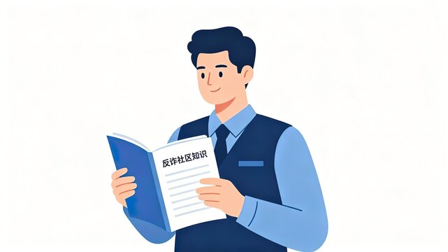 Cartoon community staff in uniform reading anti-fraud manual, popular science security illustration, pure white background