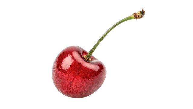Single fresh red cherry berry with stem isolated on transparent background cut out