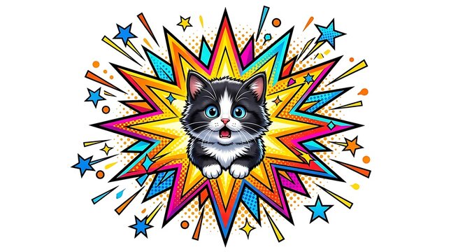 Cute Cartoon Kitten Pop Art Graphic Illustration with Starburst Element