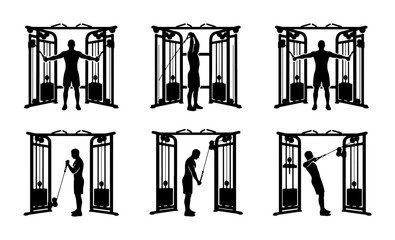 Obraz premium Gym Cable Machine Exercises, Fitness Workout Silhouettes, Strength Training Equipment Illustrations