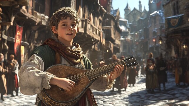 Young boy in medieval clothing playing a lute on a cobblestone street in an old town