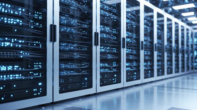 Modern Data Center with Illuminated Server Racks and Blue LED Lights in a Clean, High-Tech Environment