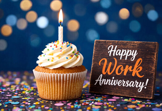Delicious cupcake with a lit candle and colorful sprinkles beside a work anniversary sign celebration