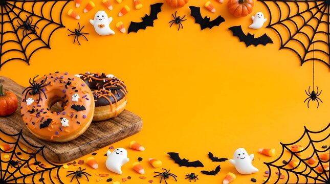 Festive orange background with decorative donuts and spooky spider webs for a creative happy halloeen celebration featuring bats ghosts and spiders for party invitation designs