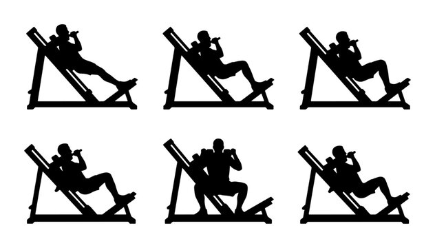 Hack Squat Machine Exercise Sequence, Fitness Training Silhouette, Gym Workout Progression Vector