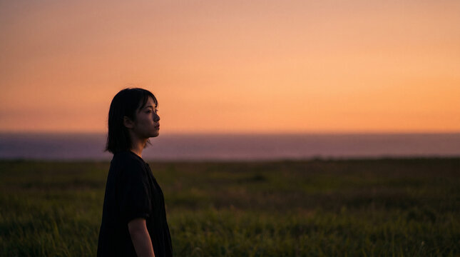 夕暮れの草原に立つ女性