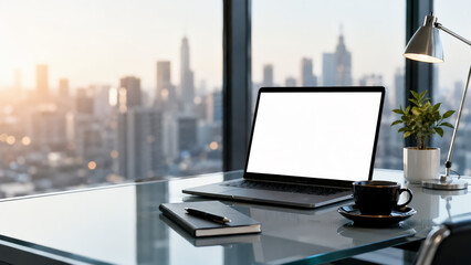 Fototapeta premium Sleek modern office desk with laptop and financial data charts overlooking city skyline