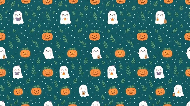 Cute halloween seamless pattern with ghosts and pumpkins