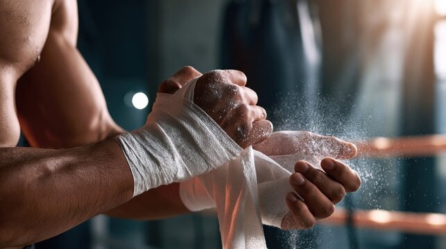 Close up of hands wrapping boxing bandages with chalk dust in dramatic lighting