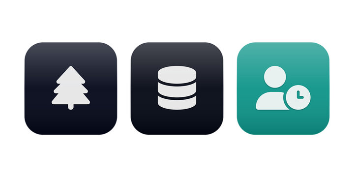 Minimalist icons set of tree, database, and user with clock isolated on transparent background