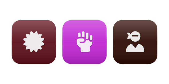 Set of three modern flat icons for app actions with vibrant square backgrounds isolated on transparent background