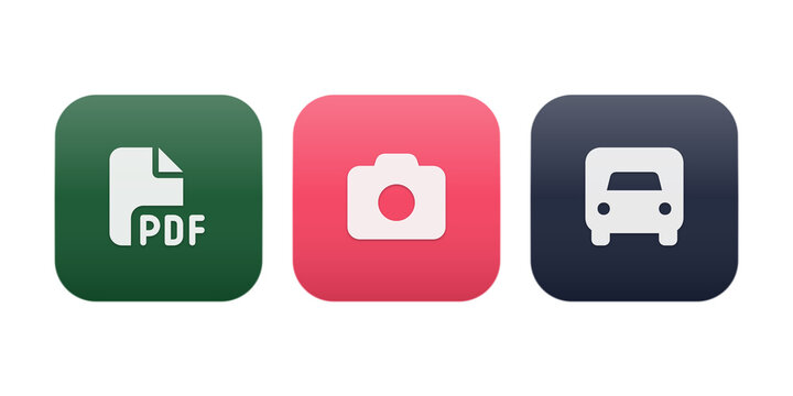 Modern flat icons set showing pdf file, camera, and car documents isolated on transparent background