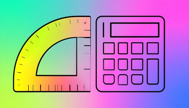 Abstract illustration of a protractor and calculator on a vibrant gradient background.