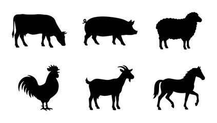 Fototapeta premium Farm Animal Silhouettes: Cow, Pig, Sheep, Rooster, Goat, Horse Vector Icons