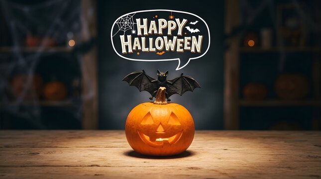 A festive carved pumpkin sits on a wooden table with a spooky bat and a speech bubble text graphic that says happy halloeen for celebration