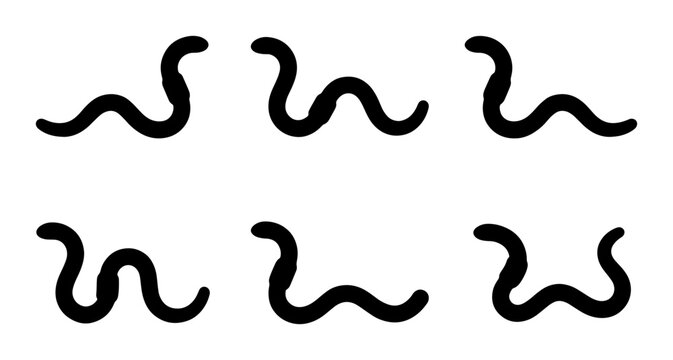 Six Black Worm Icons, Simple Vector Illustrations of Crawling Creatures, Minimalist Animal Graphics