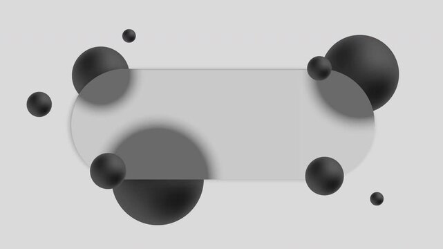 Animated background. Abstract glassmorphism banner featuring a frosted glass plate and black 3D floating spheres