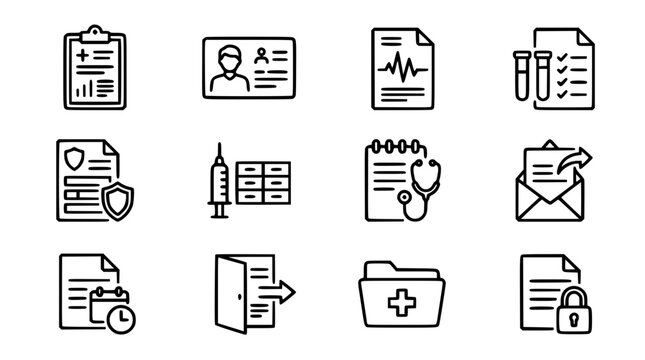 Medical Clipboard and Hospital Administration Linear Vector Icon Set Featuring Patient ID Cards, Insurance Policies, Vaccine Logs, Stethoscopes, and Secured Electronic Health Record Documents