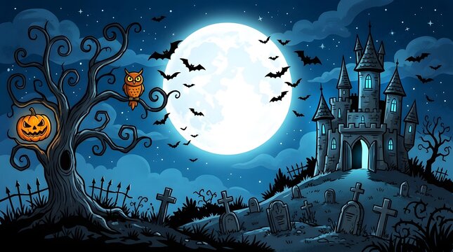 A spooky night landscape featuring a haunted castle and glowing pumpkins under a full moon to celebrate a happy halloeen with magical dark atmosphere