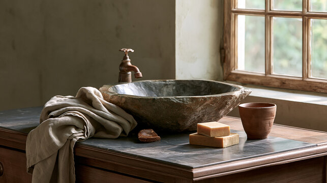 Wabi sabi bathroom with stone basin linen towel handmade soap and clay cup showcasing natural wellness and minimal living