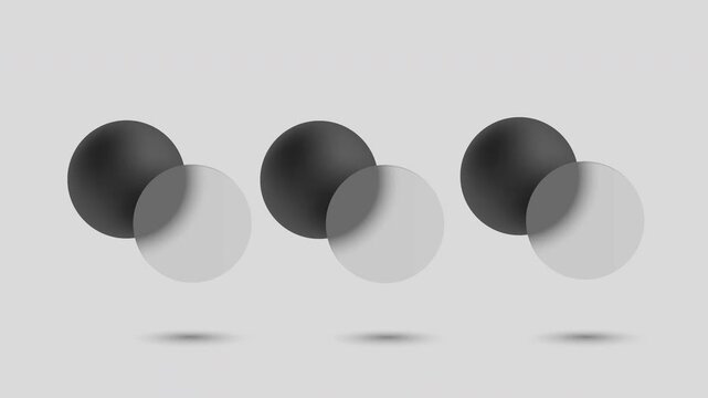 Animated infographic template. Abstract 3D infographic template featuring frosted glass discs and black spheres arranged in a three step composition
