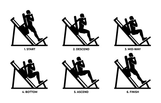 Hack Squat Machine Exercise Sequence, 6 Steps, Fitness Workout Vector Icons