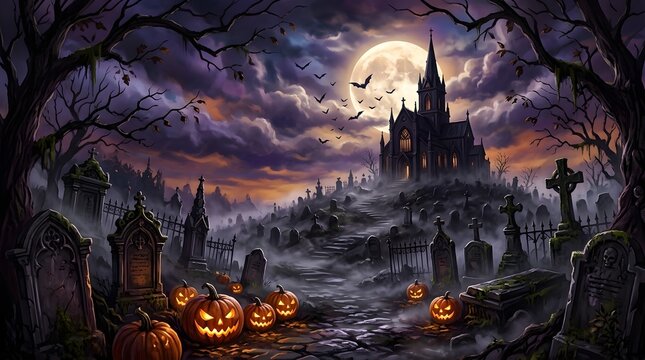 A spooky dark gothic castle stands on a hill above a misty graveyard with glowing jack o lanterns wishing everyone a very happy halloeen night