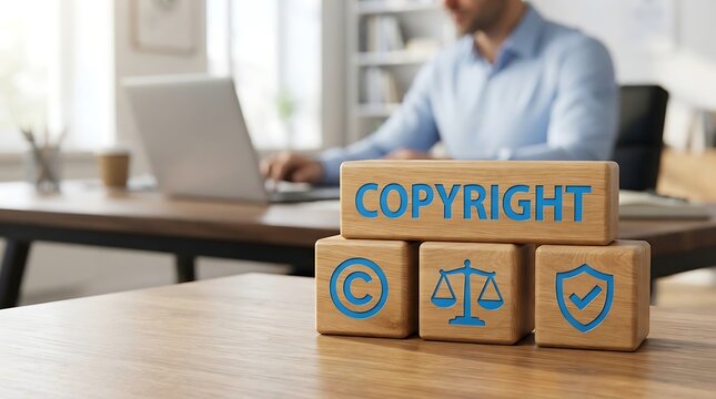 Business professional reviewing copyright law documents. Corporate lawyer analyzing intellectual property rights with digital icons.