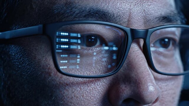 Close-up of a tech professional's eyes reflecting scrolling code on glasses in dim blue-lit environment, symbolizing data analysis and cybersecurity focus