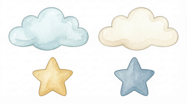 Watercolor clouds and stars set isolated on transparent background