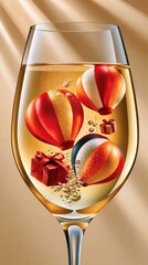 Obraz premium Macro inside champagne glass with rising bubbles and floating gift boxes and hot air balloons