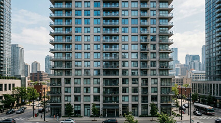 Obraz premium Contemporary residential facade of a modern high-rise building against a skyline