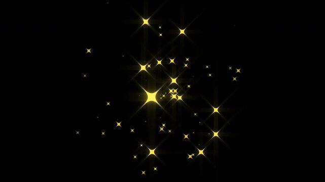 Luxury golden spark starburst sparkle, glowing stars with blinking shine rays and magical glitter light effects, cinematic glitter explosion, shiny starburst effect for transition, black screen 4k