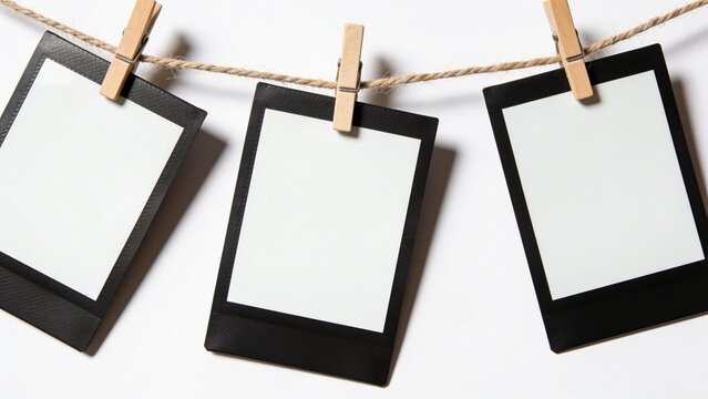 artistic layout with three blank Polaroid-style photo frames hanging from a natural twine string. Each frame is attached to the string using small wooden clothespins, creating a casual and rustic aest