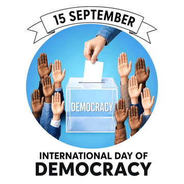 International day of democracy celebration with diverse hands voting in ballot box illustration
