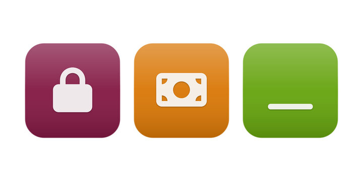 Flat icons set showing lock, credit card, and minus sign on colorful squares isolated on transparent background