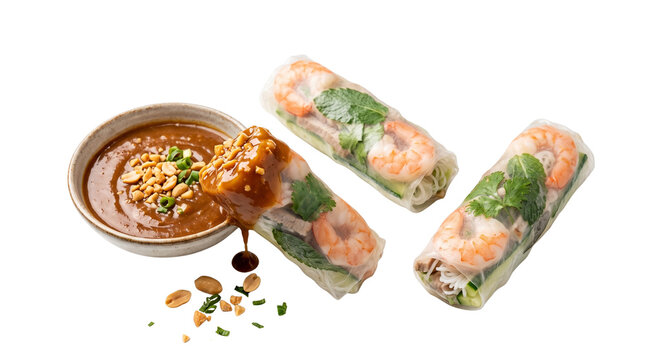 Vietnamese spring rolls with shrimp and fresh herbs, traditional gỏi cuốn with peanut dipping sauce, healthy asian appetizer with prawns isolated PNG with Transparent Background