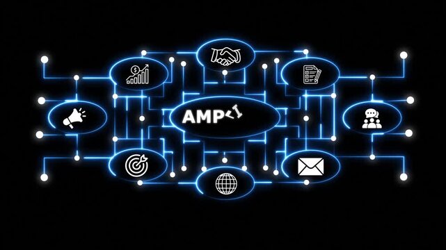 Glowing Neon Amplify Business Network Interface with Connected Communication and Productivity Icons on Black Background Conceptual hand writing showing Concept meaning animation.