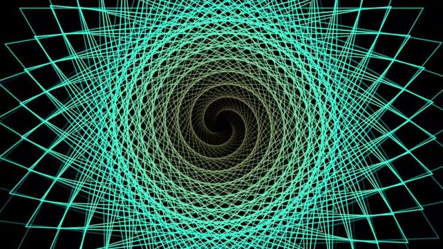 Cyan geometric light spirals with repeating geometric patterns