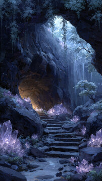 Hidden cave entrance crystal cave stone stair glowing crystal fantasy landscape mysterious path magic light forest cave waterfall twilight