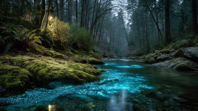 Mystical river dark forest glowing water bioluminescent stream moss rock night landscape magic light tranquil nature mysterious woodland scene