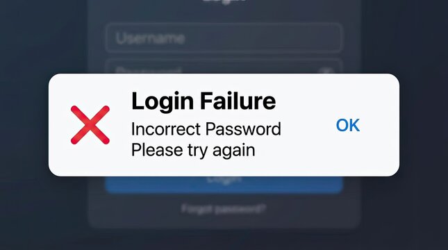 Login Failure Alert Pop-up with Incorrect Password Message and OK Button
