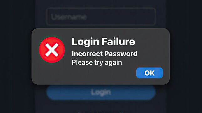 Login Failure Error Message Pop-up with Red X Icon and OK Button